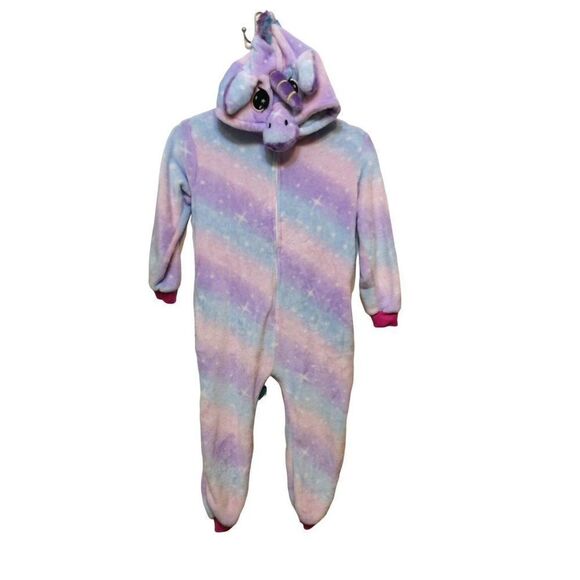 Unicorn Hooded Girls Pajamas  Tail  Zipper at Waist Medium (7-8) Blue Pink Polye - Picture 1 of 3